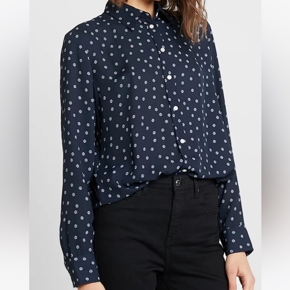 Banana Republic Navy Dillon Classic Polka Dot Long Sleeve Button Front Top DD